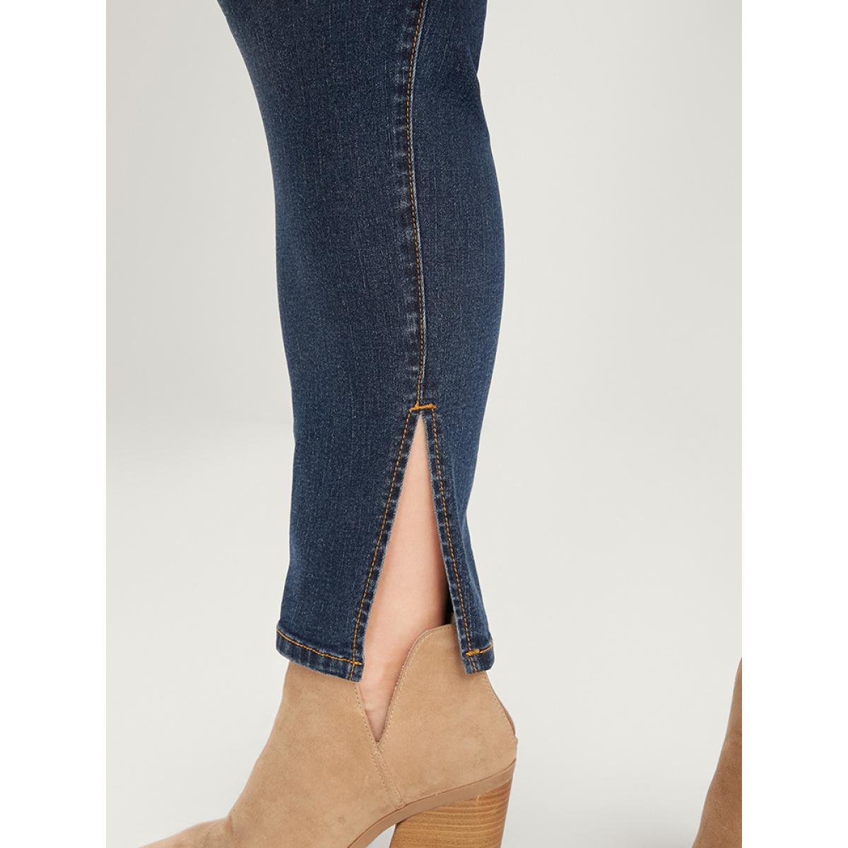 Plus Size Mom Jeans Skinny Moderately Stretchy High Rise Medium Wash Split Jeans Women Indigo Casual Plain Medium stretch Pocket Jeans BloomChic 30/6X Product Image