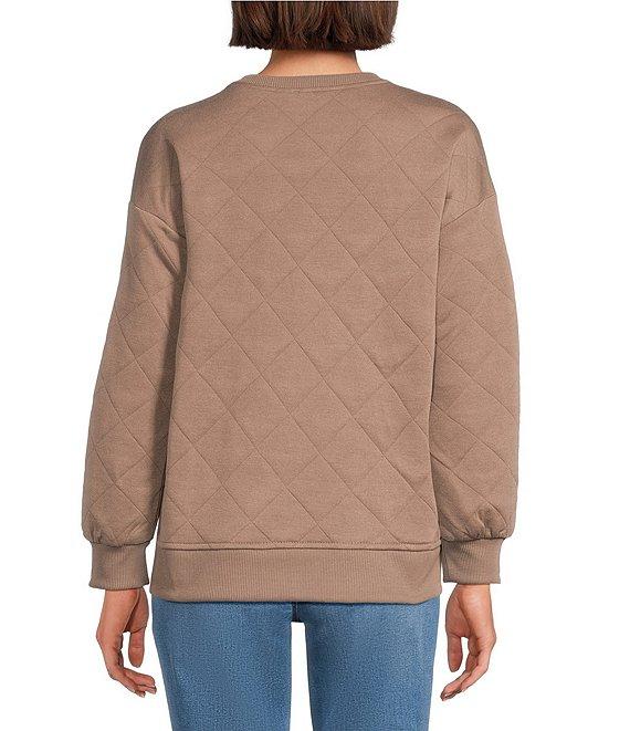 Westbound Petite Size Crew Neck Button Detail Long Sleeve Quilted Pullover Product Image