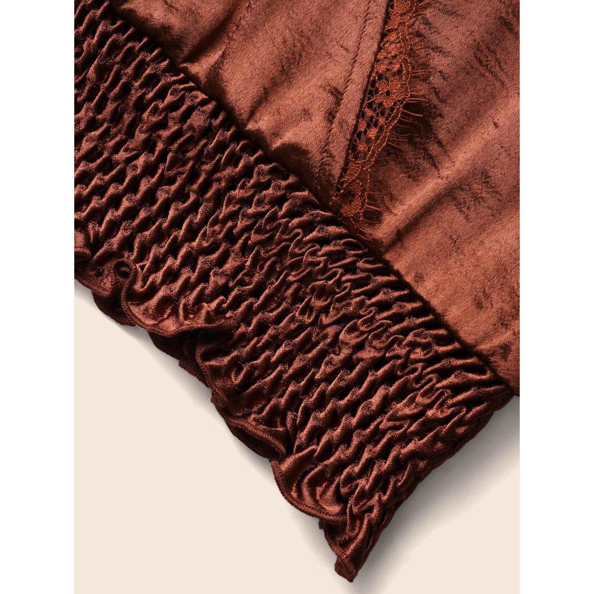 Plus Size Browncoffeecolor Overlap Collar Shirred Lace Trim Blouse Women Cocktail Long Sleeve Overlap Collar Party Blouses BloomChic 28/5X Product Image