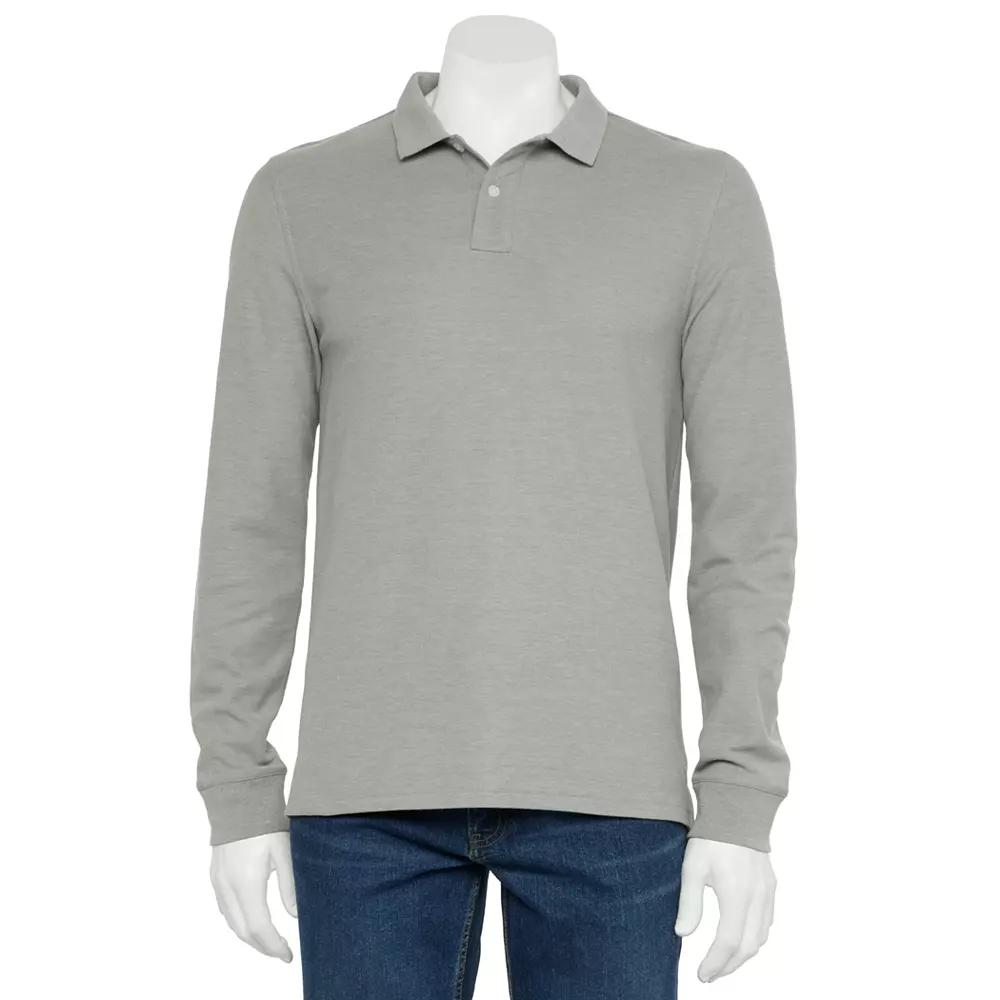 Mens Sonoma Goods For Life Long Sleeve Pique Polo Medium Mineral Grey Product Image