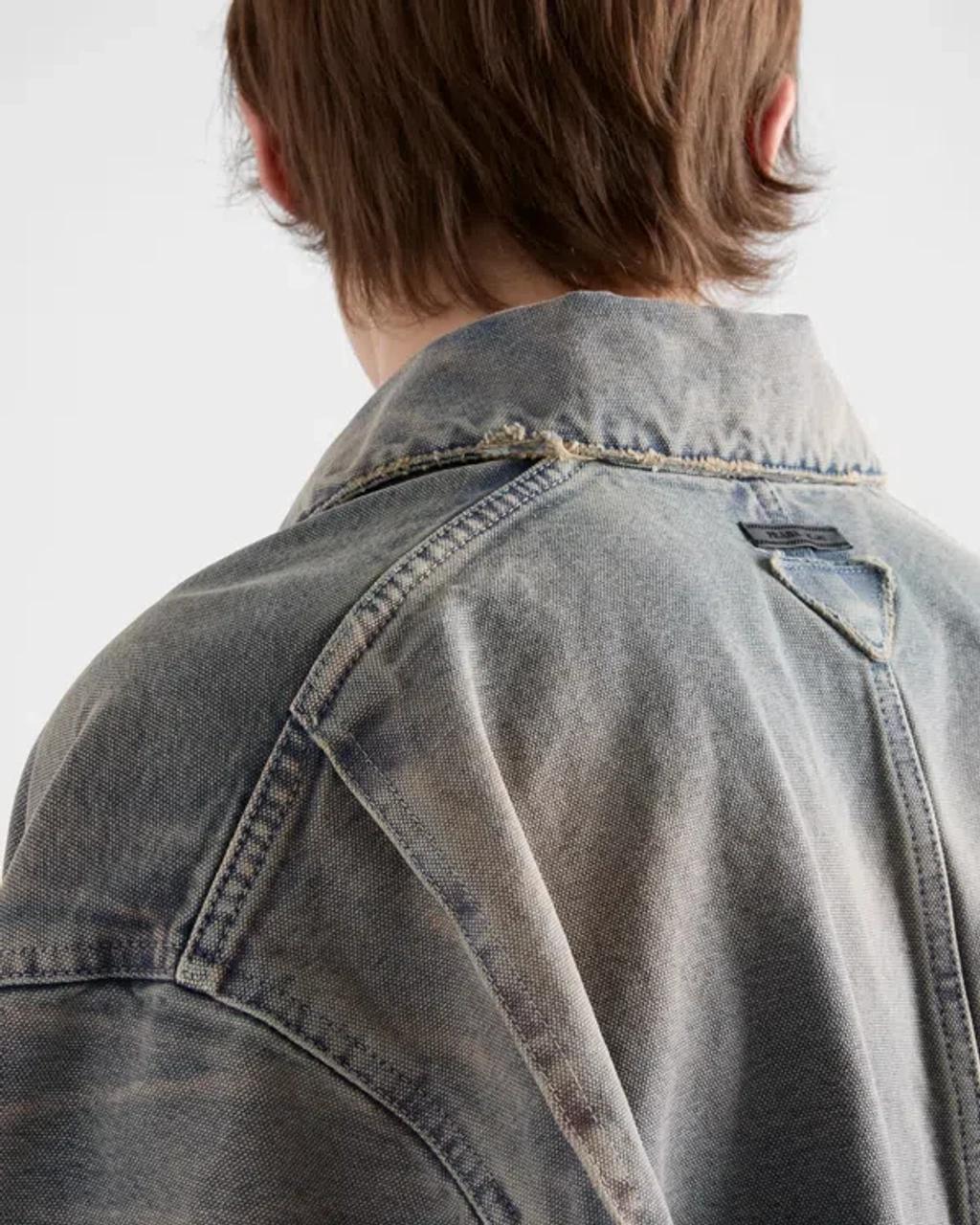 PRADA Distressed Denim Blouson Jacket In Gray Product Image