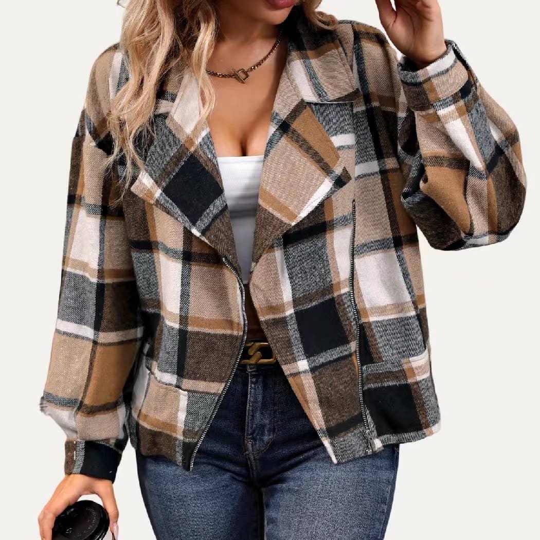 Chic Classic Plaid Collared Neck Asymmetrical Zipper Shacket Product Image