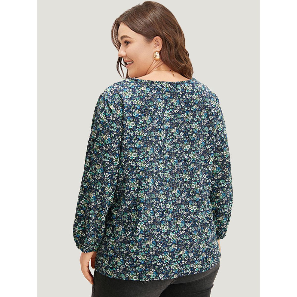 Plus Size Indigo Ditsy Floral Knot Neck Elastic Cuffs Blouse Women Elegant Long Sleeve Tie Neck Everyday Blouses BloomChic 14-16/1X Product Image