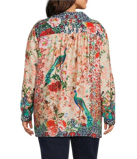 John Mark Plus Size Floral Multi Woven Point Collar Long Roll-Tab Sleeve Button Front Shirt Product Image