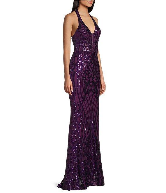 B. Darlin Sequin Pattern Halter V-Neck Contrast Inset Dress Product Image