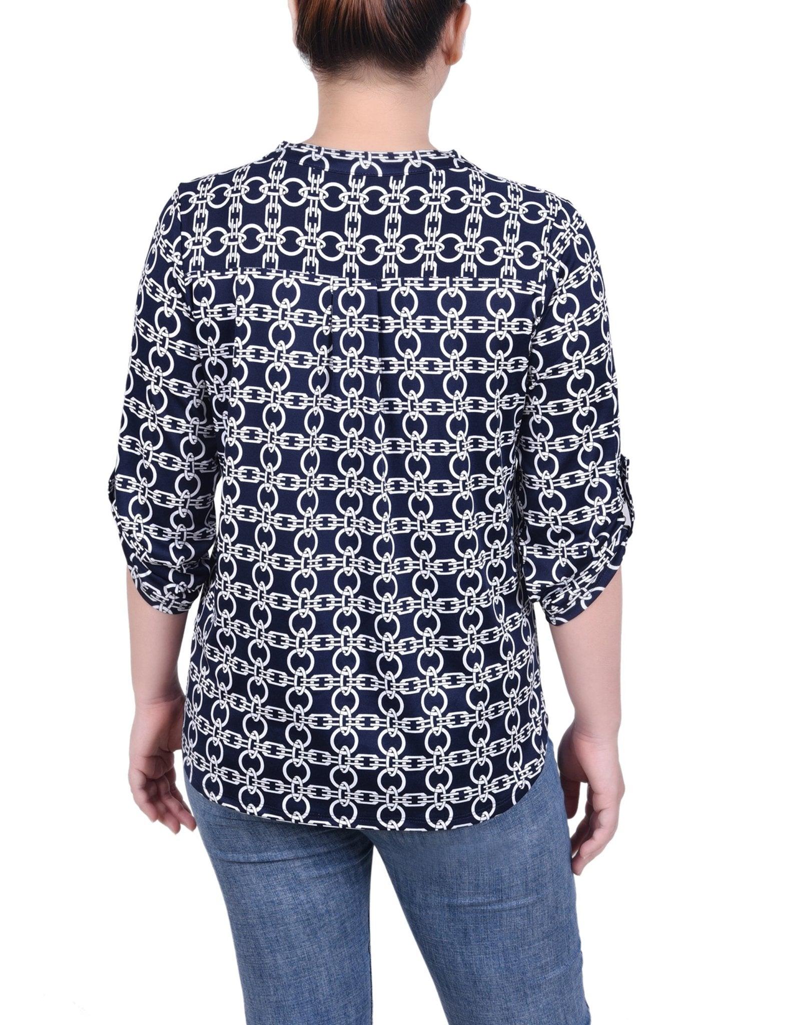 Navy White Chain Long Tab-Sleeve Top With Pockets Product Image