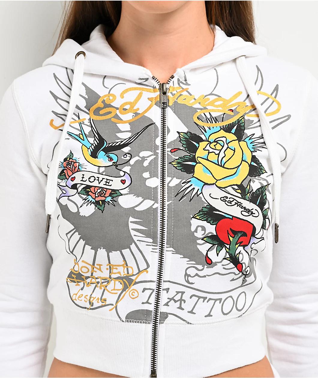 Ed Hardy Brave Eagle Y2K White Crop Zip Hoodie Product Image