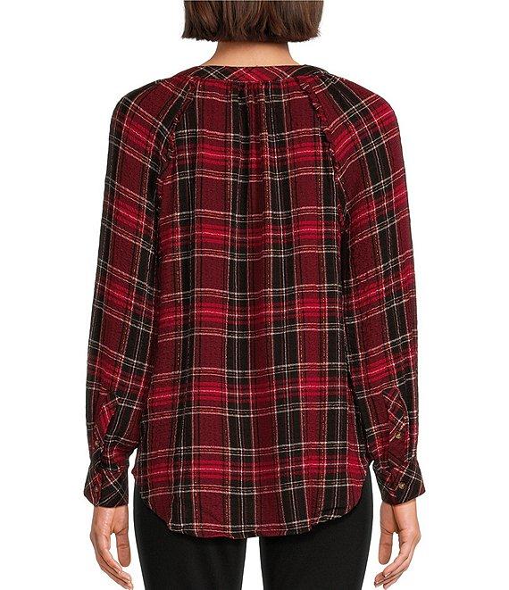 Intro Woven Plaid Split V-Neck Long Sleeve Shirttail Hem Popover Blouse Product Image
