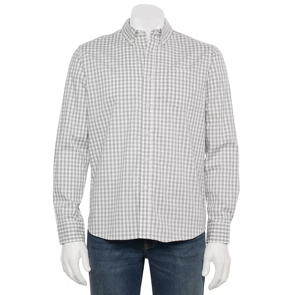 Men's Sonoma Goods For Life® Long Sleeve Slim Fit Perfect Length Button-Down Shirt, Size: XXL SLIM, Grey Gingham Product Image