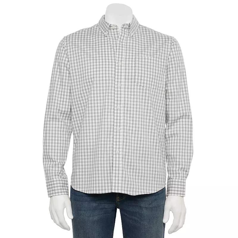 Men's Sonoma Goods For Life® Long Sleeve Slim Fit Perfect Length Button-Down Shirt, Size: XXL SLIM, Grey Gingham Product Image