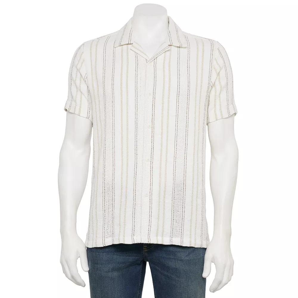 Men's Thomas Sterling Textured Button Down Shirt, Size: Large, Neutral Stripe Product Image