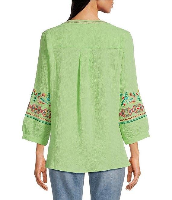 Calessa Petite Size Embroidered Floral Patchwork Split V-Neck 3/4 Sleeve Tunic Product Image