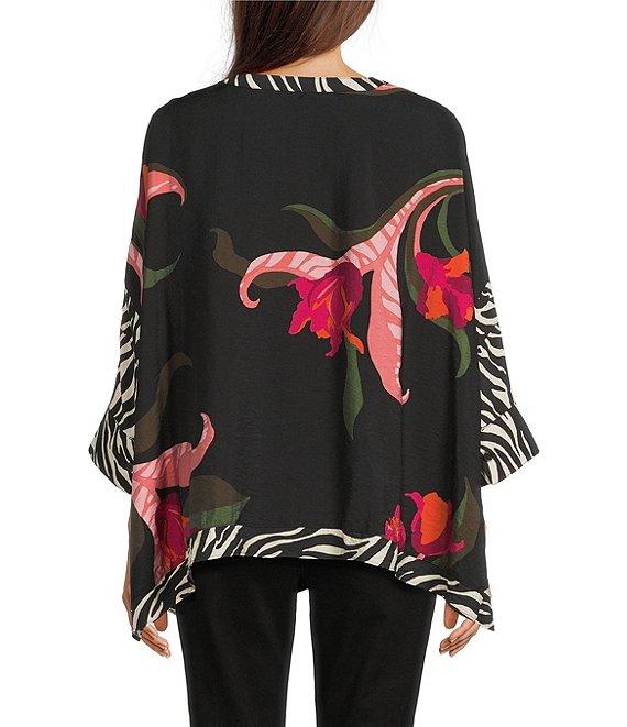 Ali Miles Woven Floral Multi Print Round Neck Elbow Dolman Sleeve Button-Front Tunic Product Image