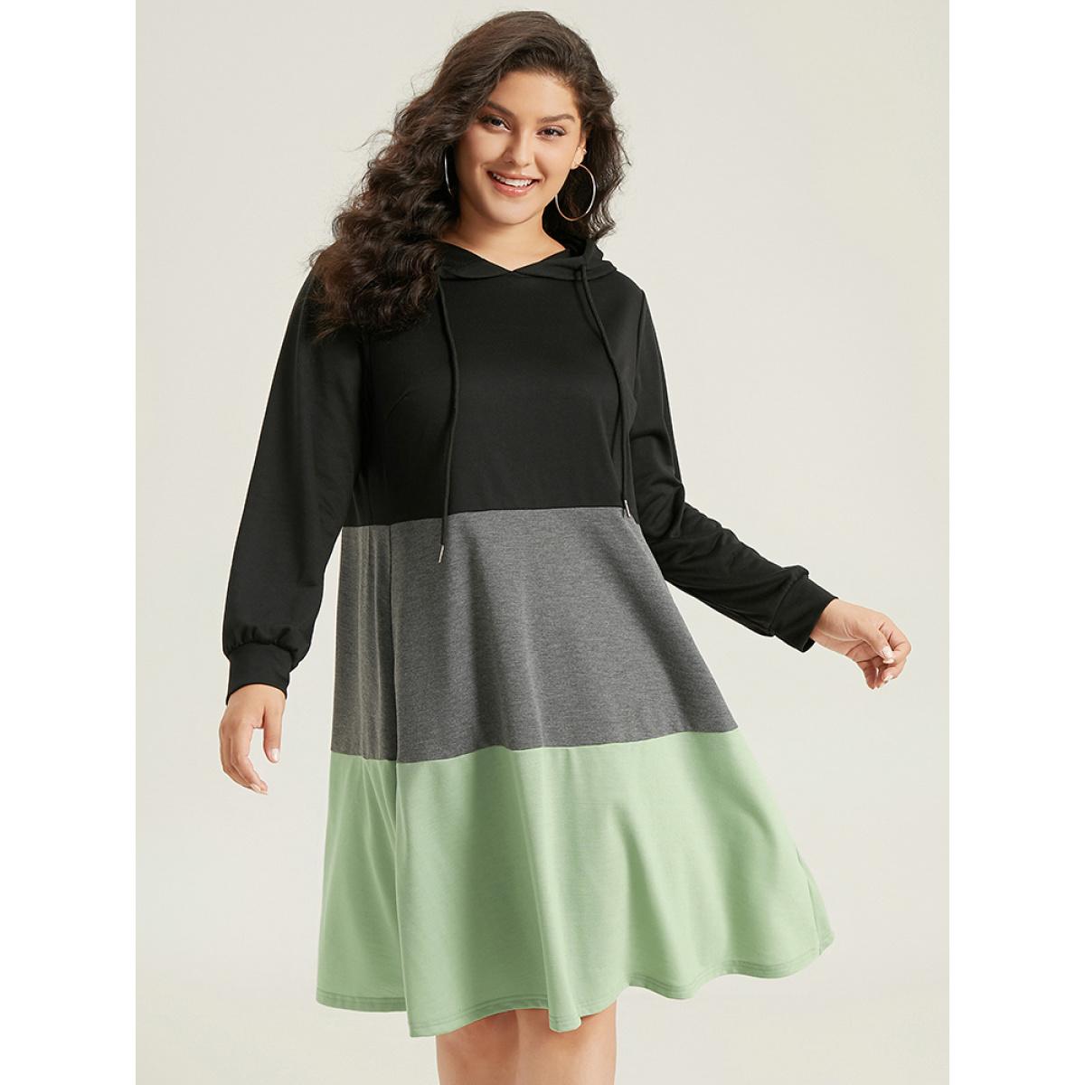 Plus Size Colorblock Contrast Hooded Drawstring Dress Black Women Casual Contrast Hooded Long Sleeve Curvy Midi Dress BloomChic 10/M Product Image