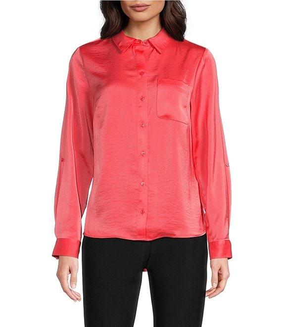 DKNY By Donna Karan Sueded Satin Point Collar Roll-Tab Long Sleeve Button-Front Shirt Product Image