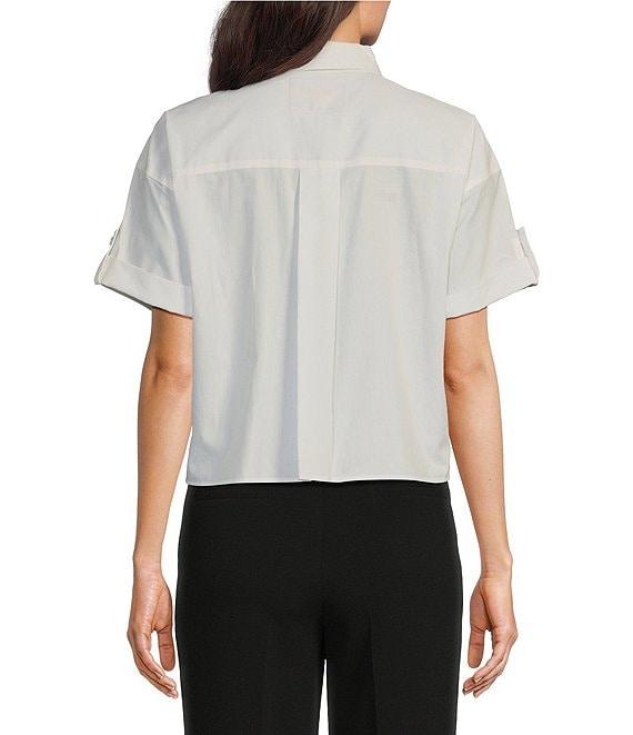 KARL LAGERFELD PARIS Poplin Point Collar Short Sleeve Graphic Button Front Top Product Image