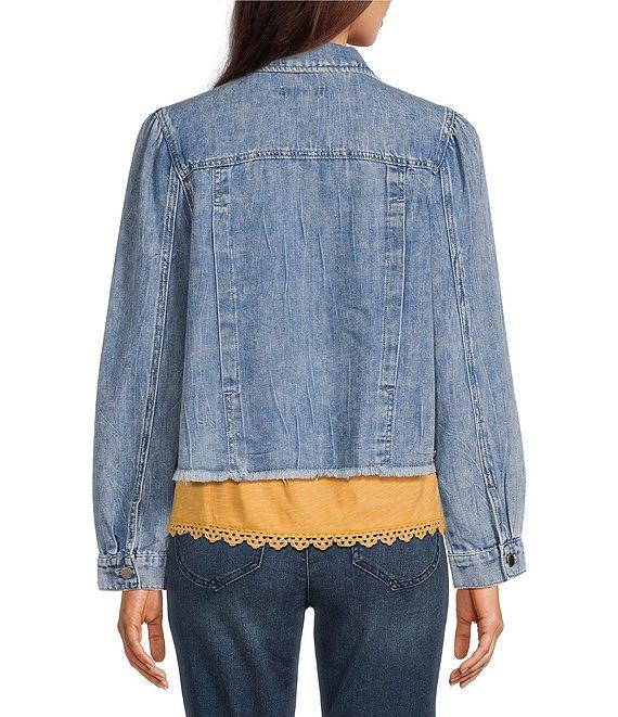 Democracy Point Collar Long Sleeve Frayed Hem Chest Flap Pocket Button Front Denim Jacket Product Image