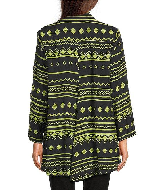 Ali Miles Woven Zig-Zag Harmony Print Point Collar 3/4 Roll-Tab Sleeve Asymmetric Hem Button Front Tunic Product Image