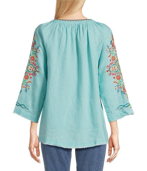 John Mark Petite Size Floral Embroidered Split V-Neck 3/4 Sleeve Frayed Tassel Tie Tunic Product Image