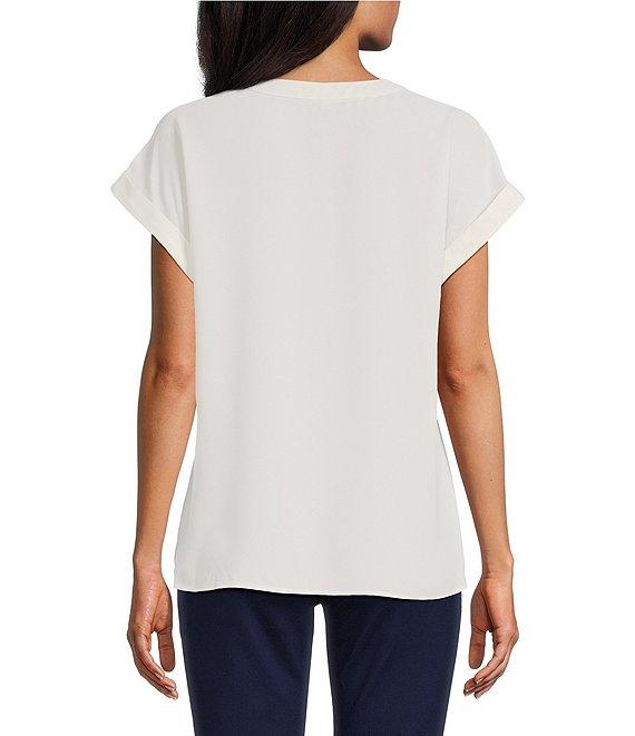 Jones New York Jasper Crepe V-Neck Extended Roll Cuff Short Sleeve Blouse Product Image