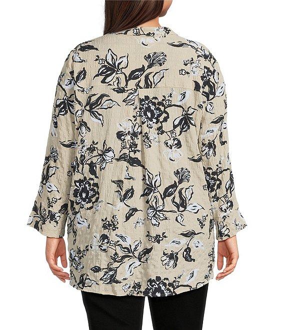 Ali Miles Plus Size Pucker Woven Printed Wire Collar 3/4 Sleeves Button Front Shirt Product Image
