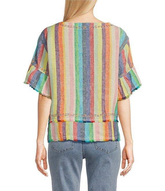 John Mark Petite Size Embroidered Yarn-Dye Stripe Crew Neck Short Ruffle Hi-Low Hem Top Product Image