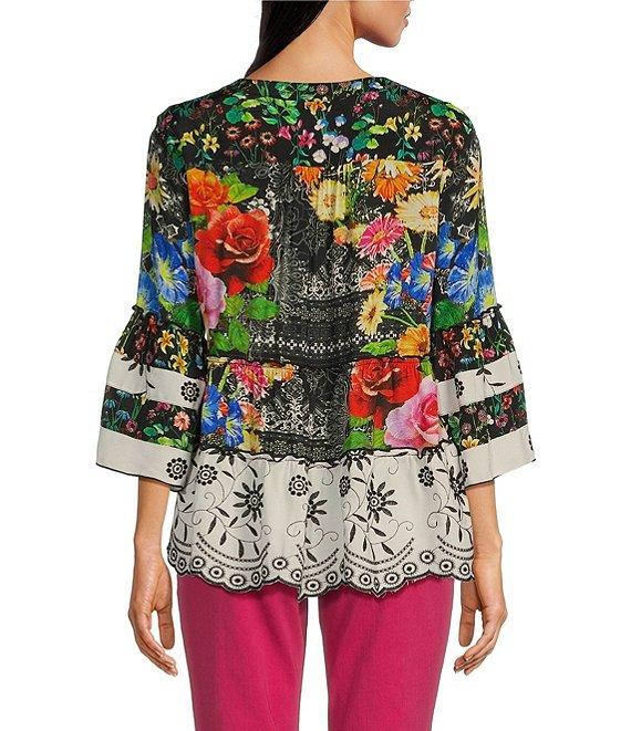 John Mark Y-Neck 3/4 Sleeve Embroidered Flounce Hem Blouse Product Image