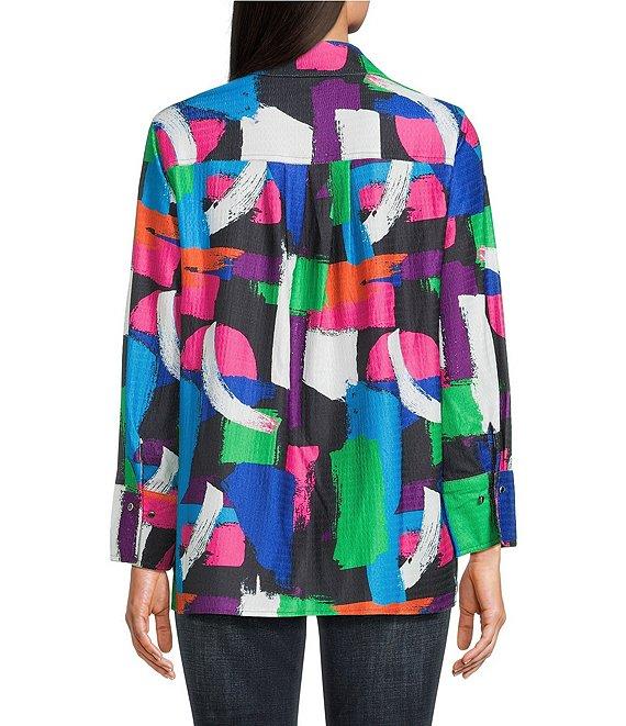 Calessa Textured Knit Geometric Multicolor Point Collar Long Sleeve Button Front Tunic Product Image
