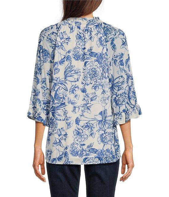Calessa Porcelain Floral Mesh Ruffled Split V-Neck Long Sleeve Button Front Blouse Product Image