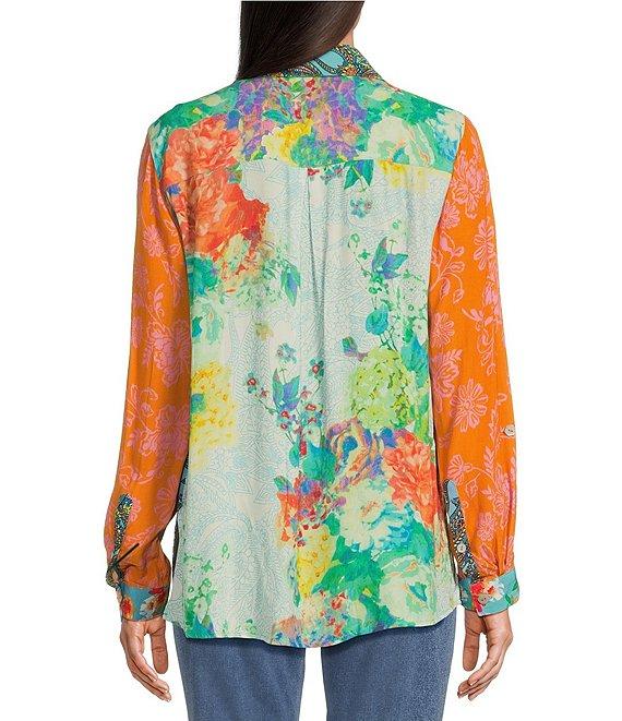 John Mark Multi Print Point Collar Long Roll-Tab Sleeve Button Front Top Product Image