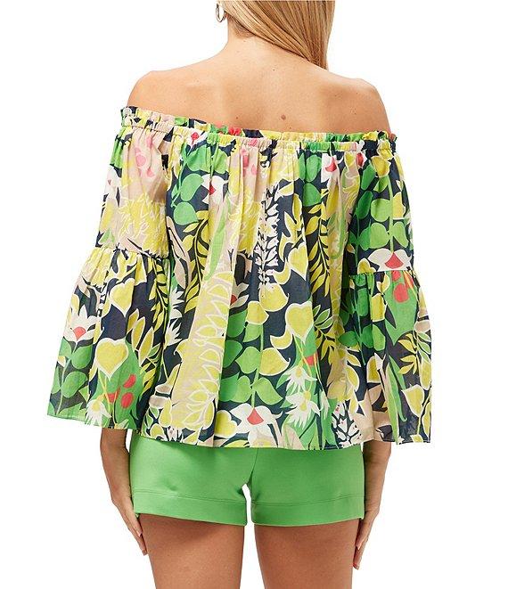 Trina Turk Perry Voile Tropical Palm Spring Print Off-The-Shoulder Long Sleeve Blouse Product Image