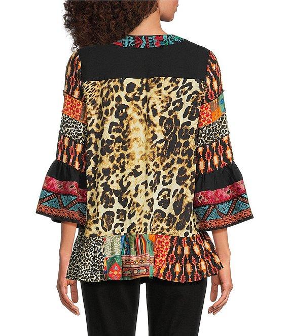 Calessa Embroidered Patchwork Animal Print Split V-Neck 3/4 Sleeve Tunic Product Image