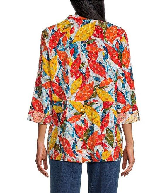 John Mark Petite Size Embroidered Abstract Leaf Print Wire Collar 3/4 Roll-Tab Sleeve Hi-Low Hem Button Front Tunic Product Image