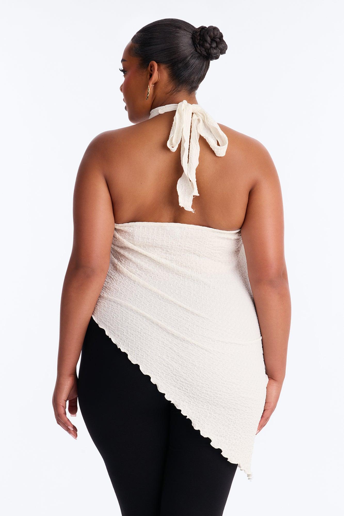 Barbados Textured Asymmetrical Halter Mock Neck Top - Ivory Female Product Image