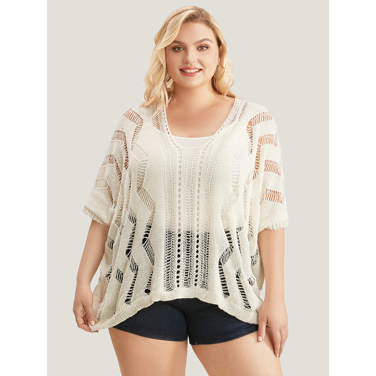 Plus Size Ripple Print Hollow Out V Neck Eyelet Knit Top White Women Elegant Half Sleeve V-neck Dailywear Pullovers BloomChic 22-24/3X Product Image