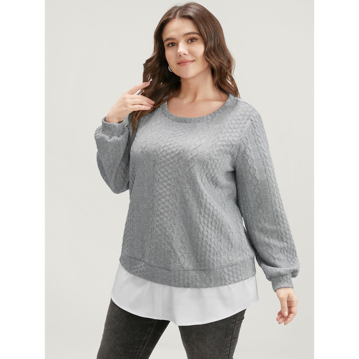 Plus Size Solid Textured Round Neck 2-In-1 Sweatshirt Women Gray Casual Patchwork Round Neck Dailywear Sweatshirts BloomChic 10/M Product Image