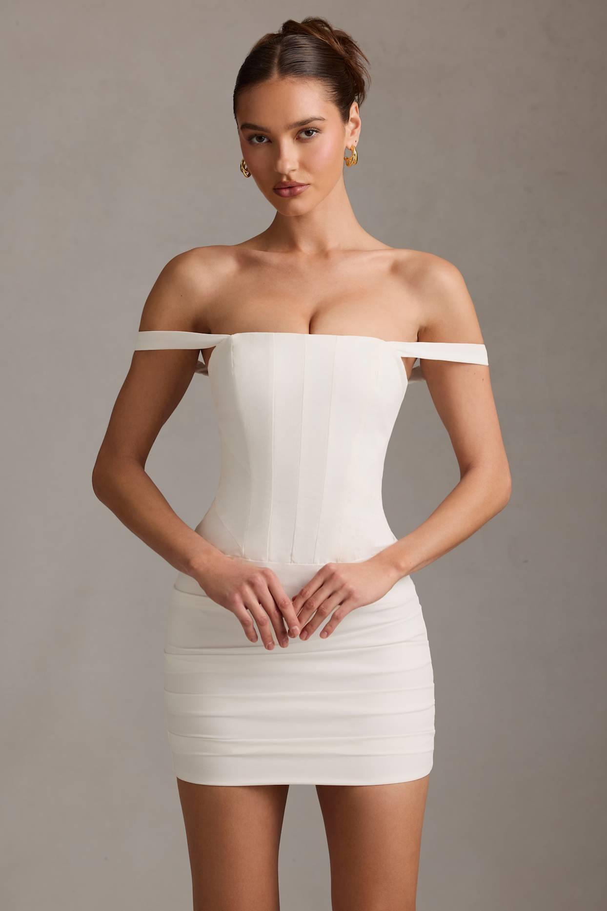 Off-Shoulder Corset Mini Dress in White Product Image
