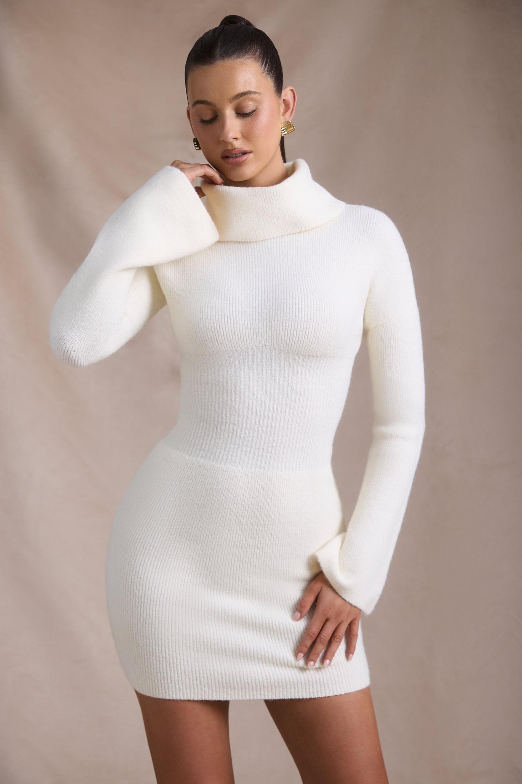 Ribbed-Knit Turtleneck Mini Jumper Dress in Ivory Product Image