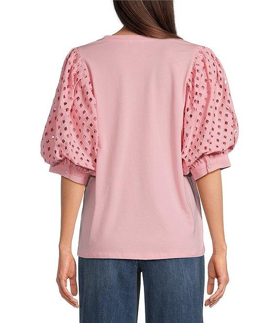 Gibson & Latimer Knit Contrast Eyelet Crew Neck Short 3/4 Balloon Sleeve Top Product Image