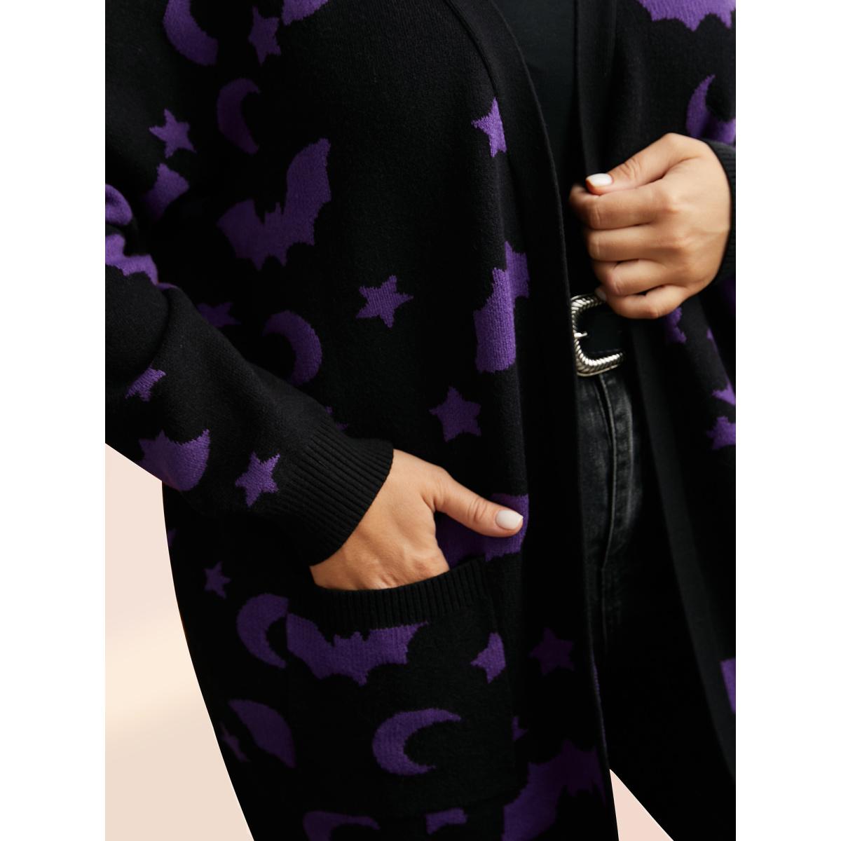 Plus Size Bat Printed Jacquard Cardigan Black Women Casual Loose Long Sleeve Everyday Cardigans BloomChic 14-16/1X Product Image