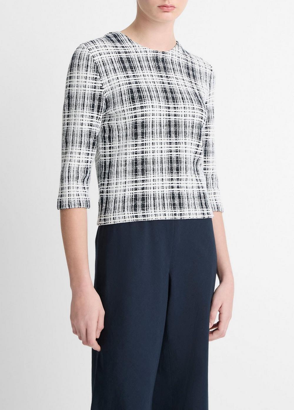 Bouclé Plaid Cotton-Blend Elbow-Sleeve Sweater Product Image