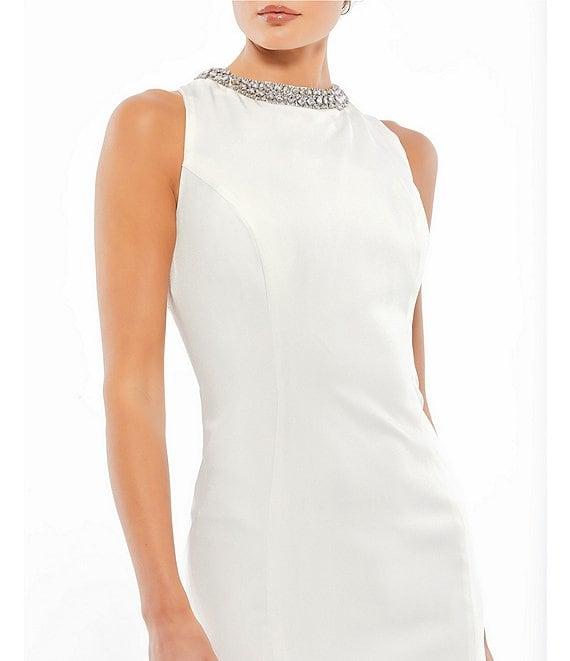 Mac Duggal Beaded Crew Neck Crepe Sleeveless Sheath Mini Dress Product Image