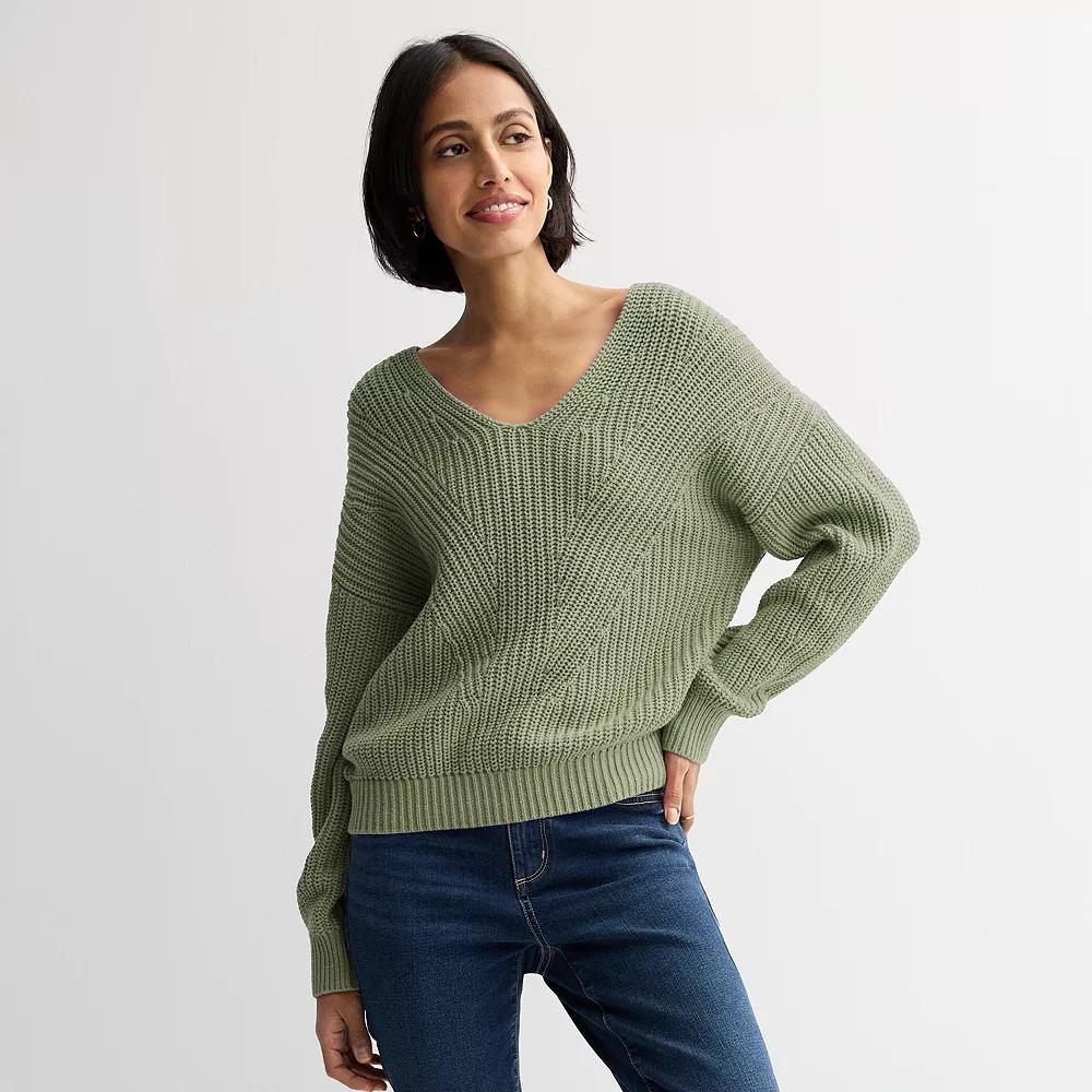 Women's Sonoma Goods For Life® Mixed Stitch V-Neck Sweater, Size: Medium, Washed Madri Green Product Image