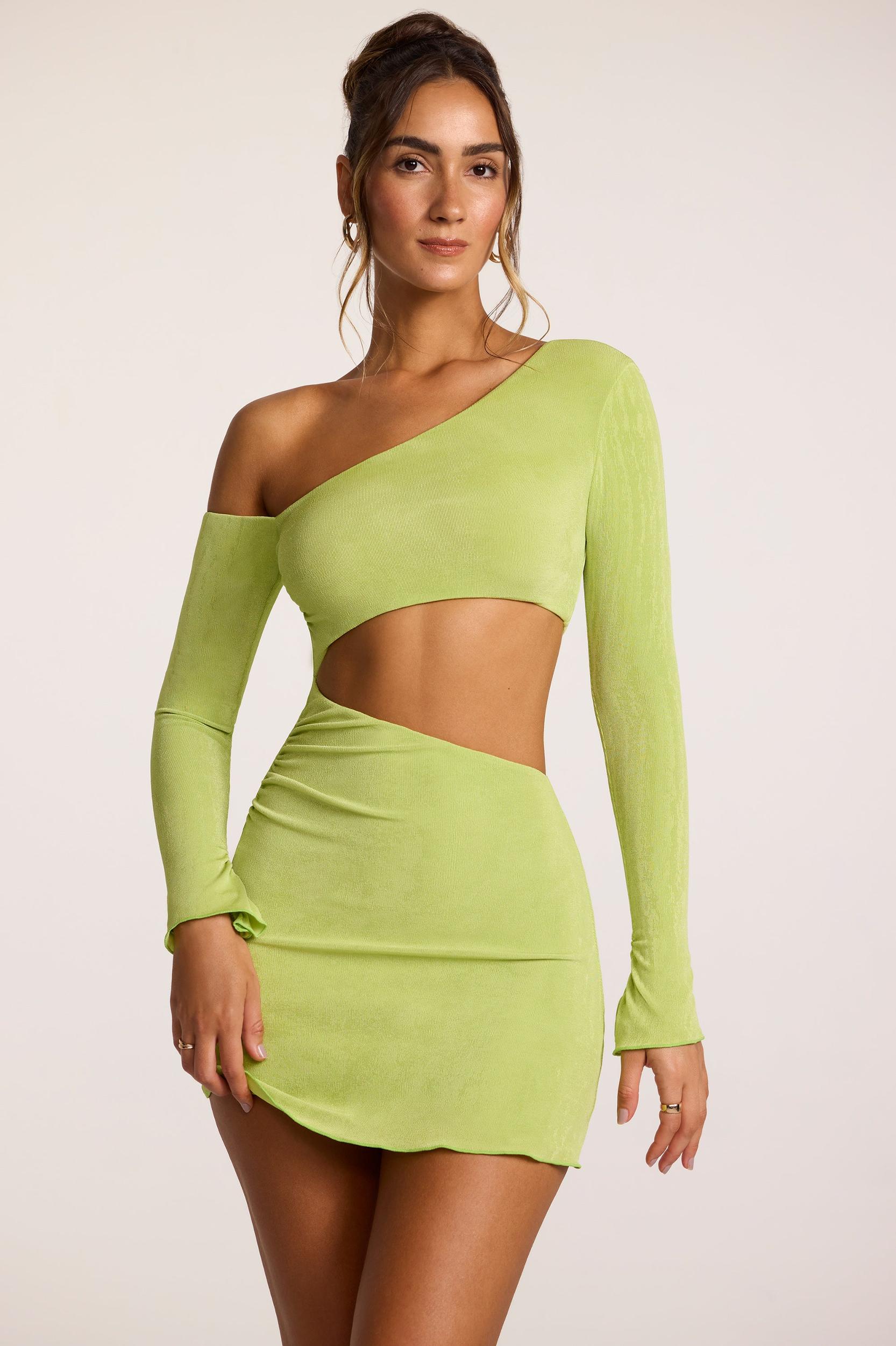 Textured Jersey Asymmetric Cut Out Mini Dress in Lime Product Image