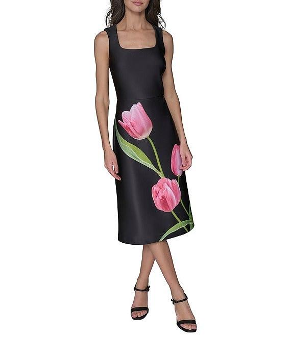 KARL LAGERFELD PARIS Scuba Tulip Print Square Neck Sleeveless Shift Midi Dress Product Image
