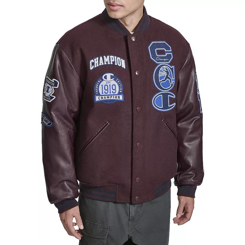Men's Champion® Letterman Varsity Bomber Jacket with Patches, Size: XL, Red Product Image