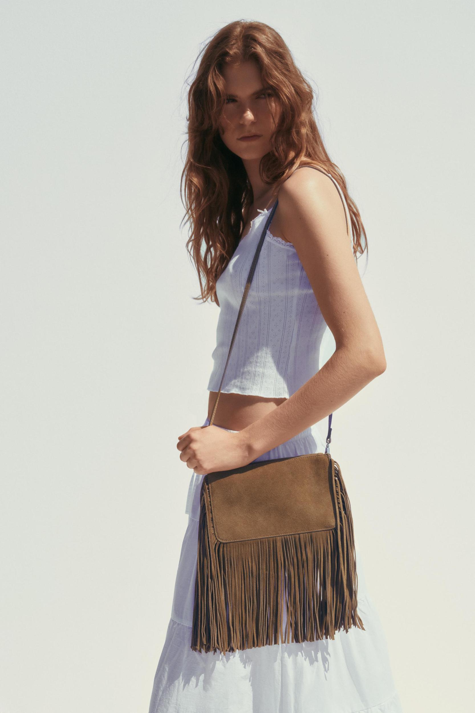 FRINGED SPLIT LEATHER MINI CROSSBODY BAG Product Image