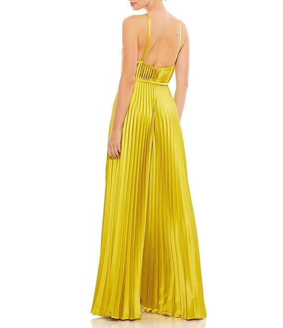 Mac Duggal Pleated Deep V-Neck Spaghetti Strap Sleeveless Wide Leg Jumpsuit Product Image