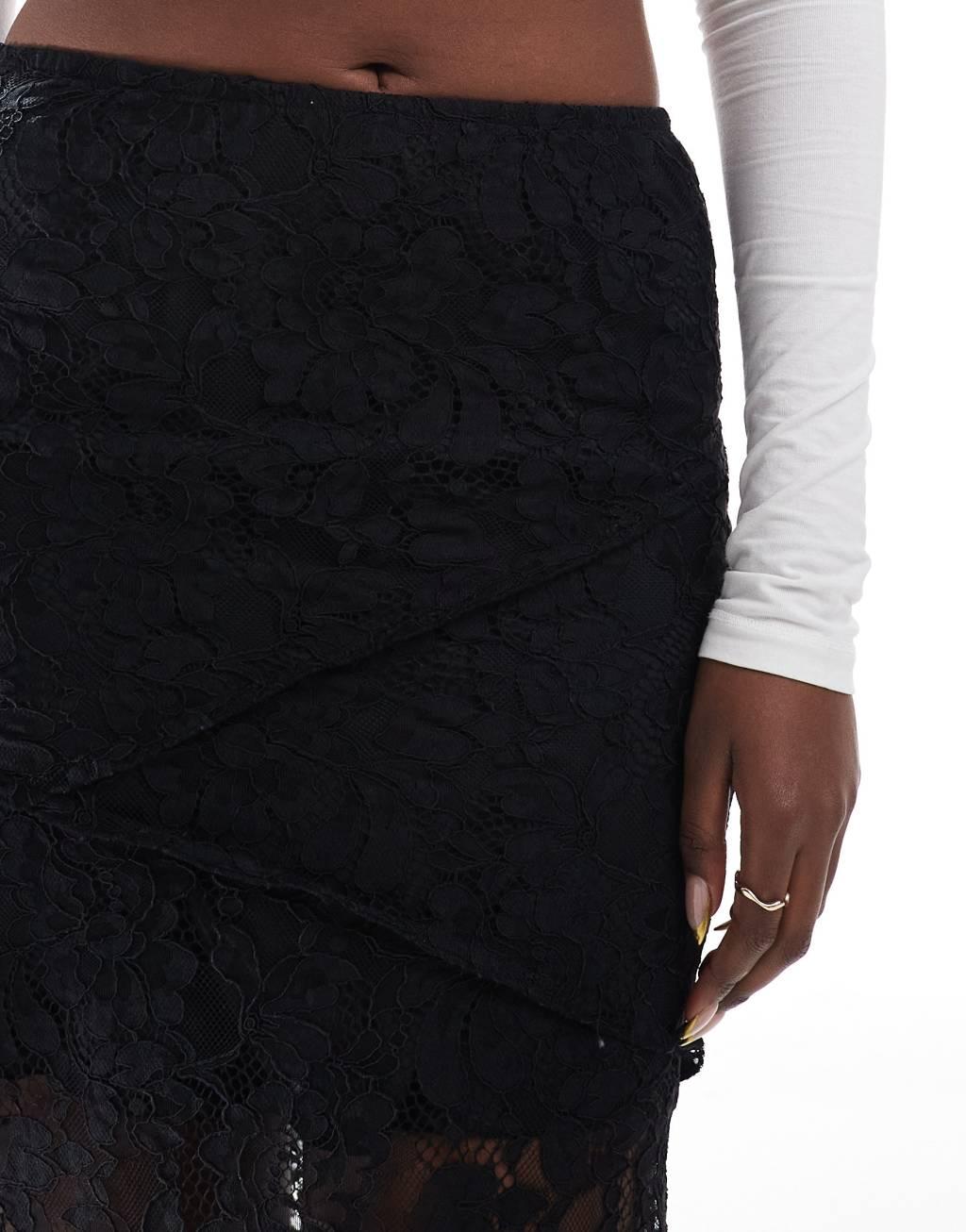 ASOS DESIGN seam detail lace maxi skirt with mini lining in black Product Image