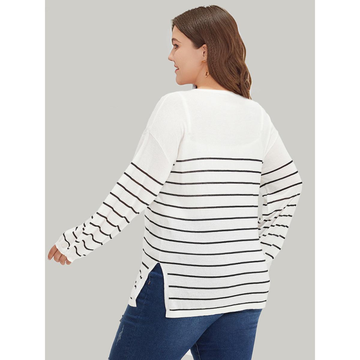 Plus Size Striped Split Side Lightweight Elastic Cuffs Pullover White Women Casual Loose Long Sleeve Round Neck Everyday Pullovers BloomChic 14-16/1X Product Image